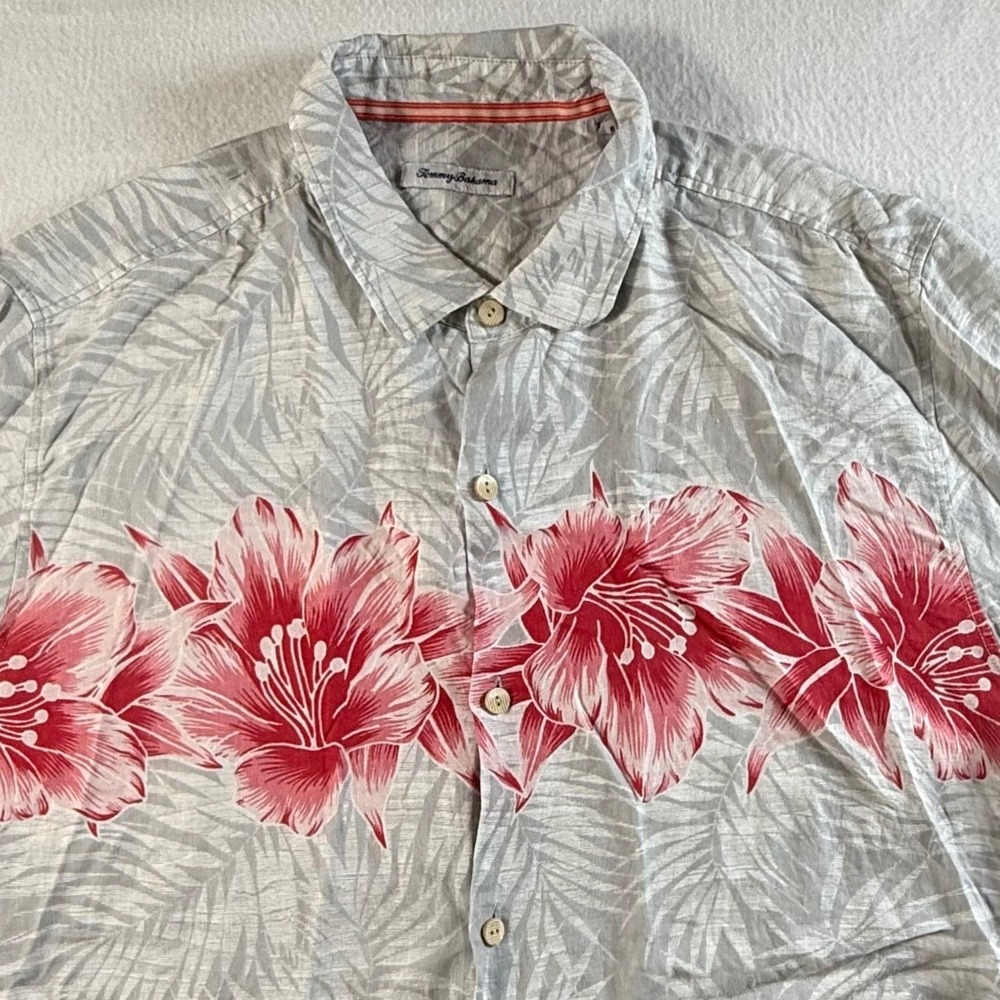 Tommy Bahama Button Up Shirt Mens 2XL Linen Floral‎ Palm Print Gray Pink